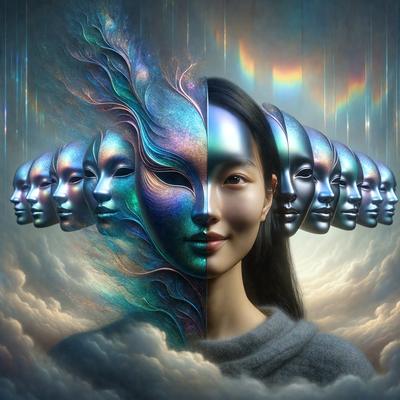 The primary subject of the image is a woman with a smiling face, surrounded by a group of other women's faces. The setting is a cloudy sky, and the visual style is a digital art or illustration. The dominant colors in the image are blue and purple, creating a serene and dreamy atmosphere.